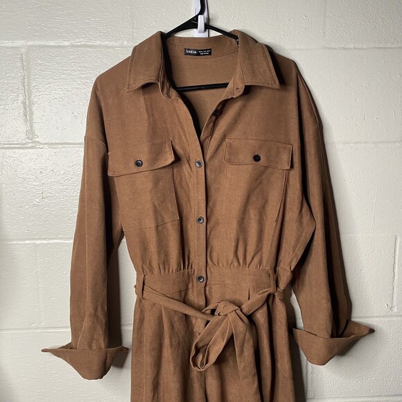 Shein Women Brown Long Sleeve Utility Jumpsuit XL Belted Button Front Ribbed - Picture 2 of 8